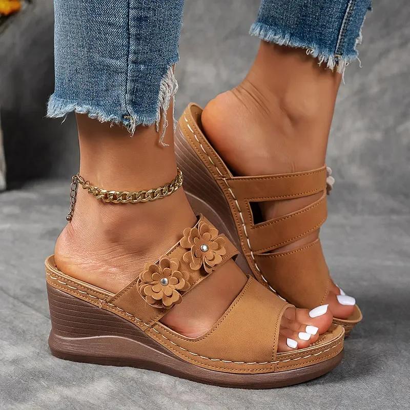 Retro Flower Decor Wedges Sandals for Women Plus Size Thick Sole Chunky Platform Slippers Summer Comfort Non Slip Beach Shoes