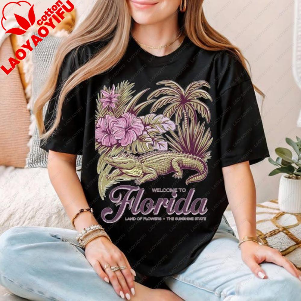 Welcome To Florida Shirt Land Of Flowers TShirt Alligator Palm Tree Printed Tshirt Sunshine State Casual Unisex Cotton Outfit