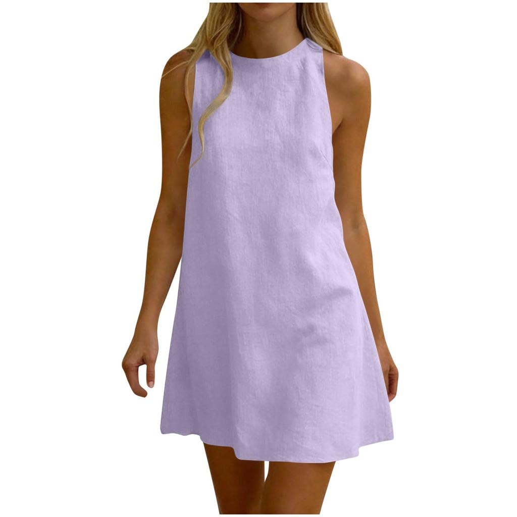 Sleeveless Pleated Dress Round Neck Short Dress Casual Vacation Dress Lightweight Summer Dress for Women
