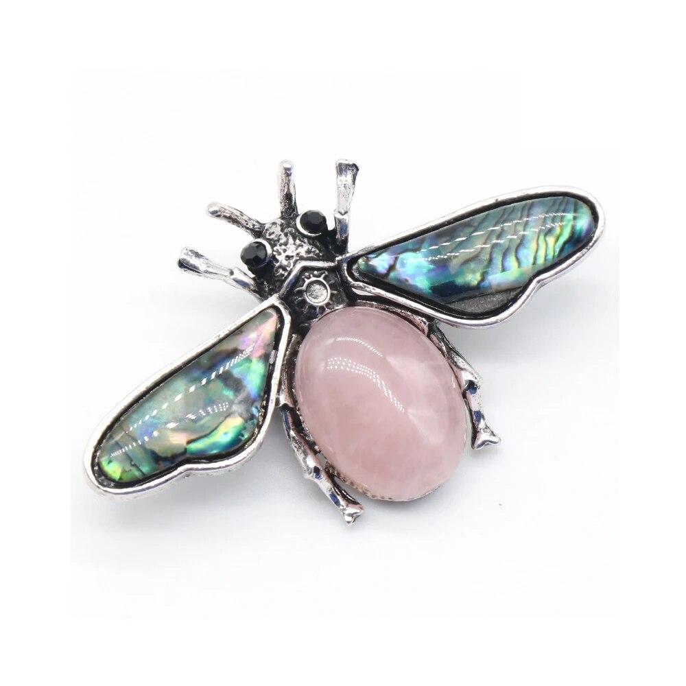 35x56mm Cute Bee Shape Pendant Natural Stone Crystal Agate Abalone Shell Brooch Charms for Jewelry Making DIY Necklace Accessory