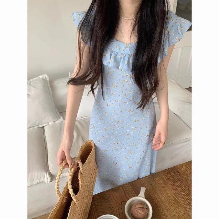 

Women s Summer 2024 Blue Floral Flying Sleeve Dress – French Romantic Seaside Long Dress 2XL