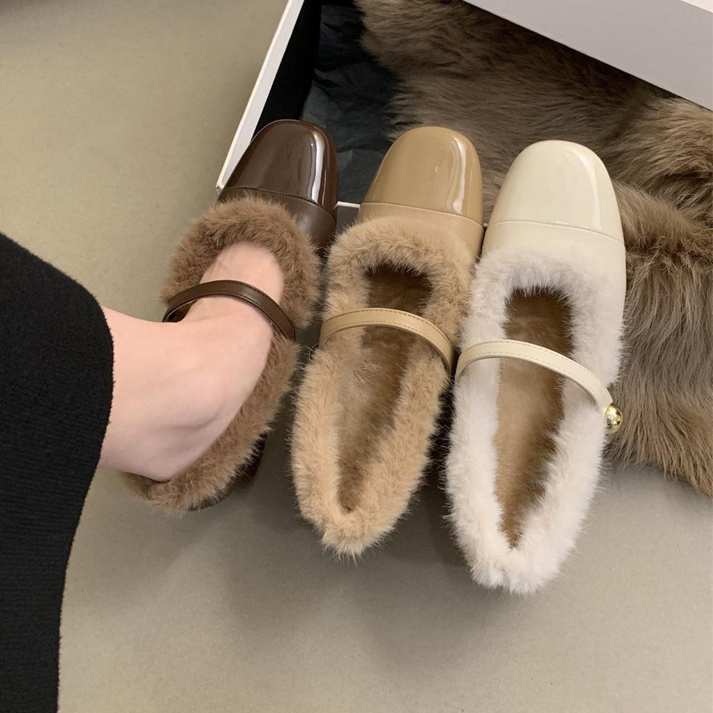Mary Jane Schuhe mit dickem Absatz Damen Winter 2024 neu Französischer Abendwind flauschige Schuhe Damen Oberbekleidung Samt Feen High Heels