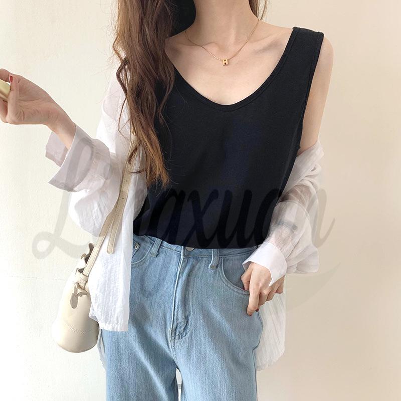 2026 Summer Women s Loose U-Neck French Style Sleeveless Top Small чёрный