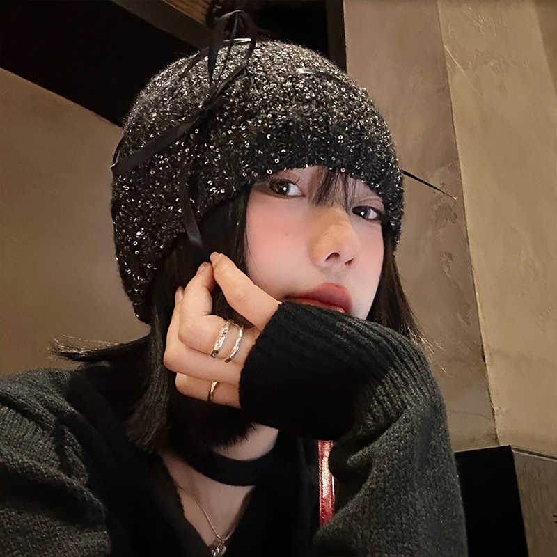 Korean New Hat for Women with Autumn and Winter Bows Bag Head Hat Big Head Circumference  Small Cold Hat Versatile Sequins Pile Hat