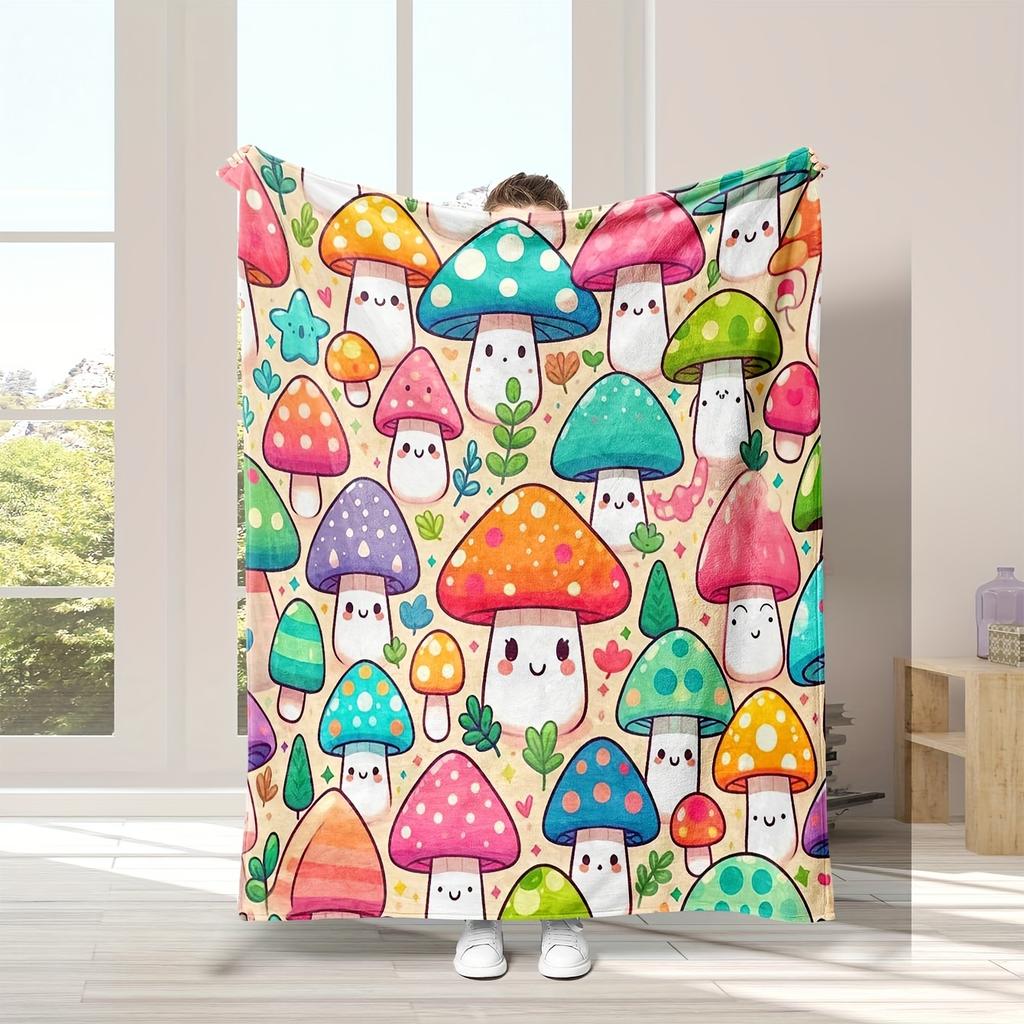 Fun Mushroom Digital Print Throw Blanket, Soft Cozy Warm Blanket for Bed Sofa Couch Camping, Birthday Holiday Gift, 1PC