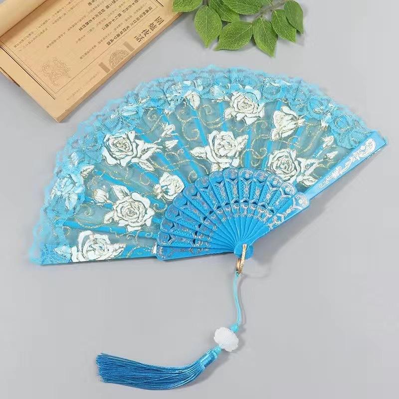 1Pc Chinese Ancient Style Flower Women Folding Fan with Tassel Fringe Hanfu Cheongsam Dance Fan Photo Props Summer Handheld Fan