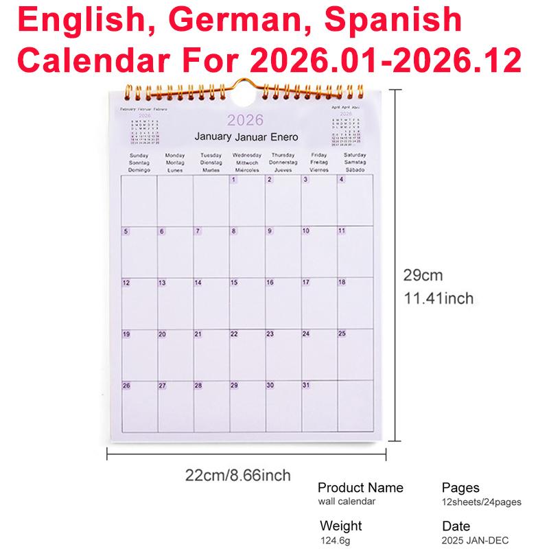 2025Kalender 2025-2026 - 12 Monate Wandkalender von Juli 2025 bis Juni 2026, Mehrsprachige Spiralplaner-Agenda Büro-Wandkalen