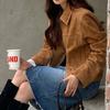 Women S Short Faux Suede Zip Up Stand Collar Jacket Casual Outerwear