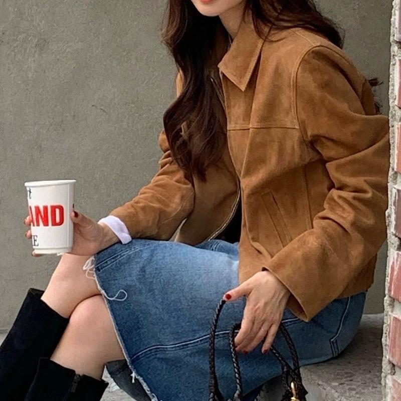 Women S Short Faux Suede Zip Up Stand Collar Jacket Casual Outerwear