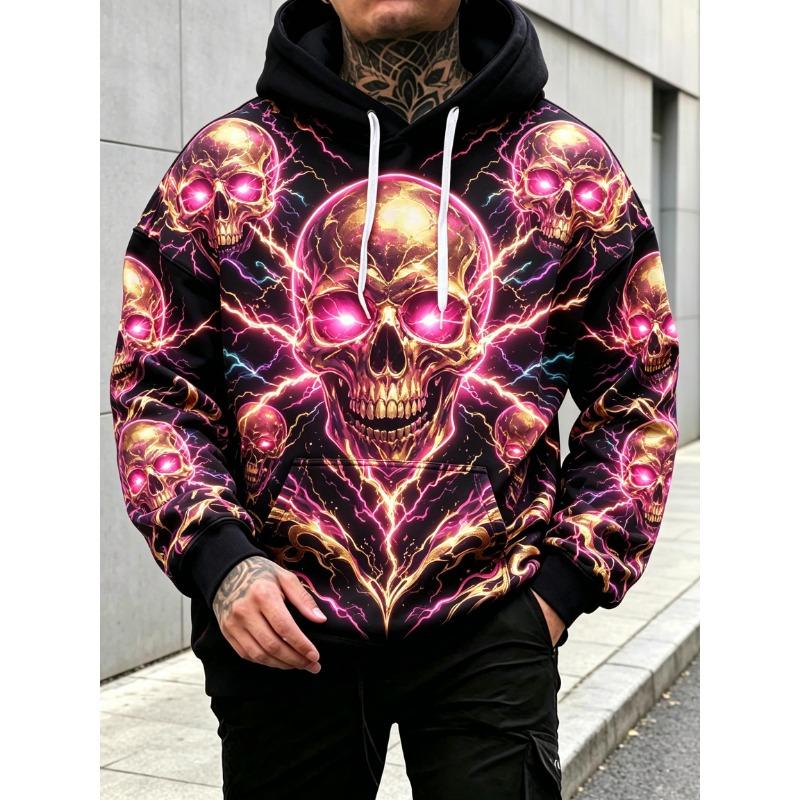 Men's Hoodie Black Neon Green Lightning Skull Print Breathable Soft Pullover Sweatshirt for Streetwear Party Daily Wear