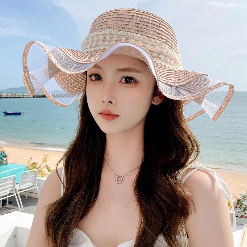 

WTEMPO Кружевной бант, однотонные, весна-лето, складные, солнцезащитные, соломенные шляпы, широкополые, для путешествий, пляжа, дышащие, солнцезащитные шляпы 1pc светло-розовый