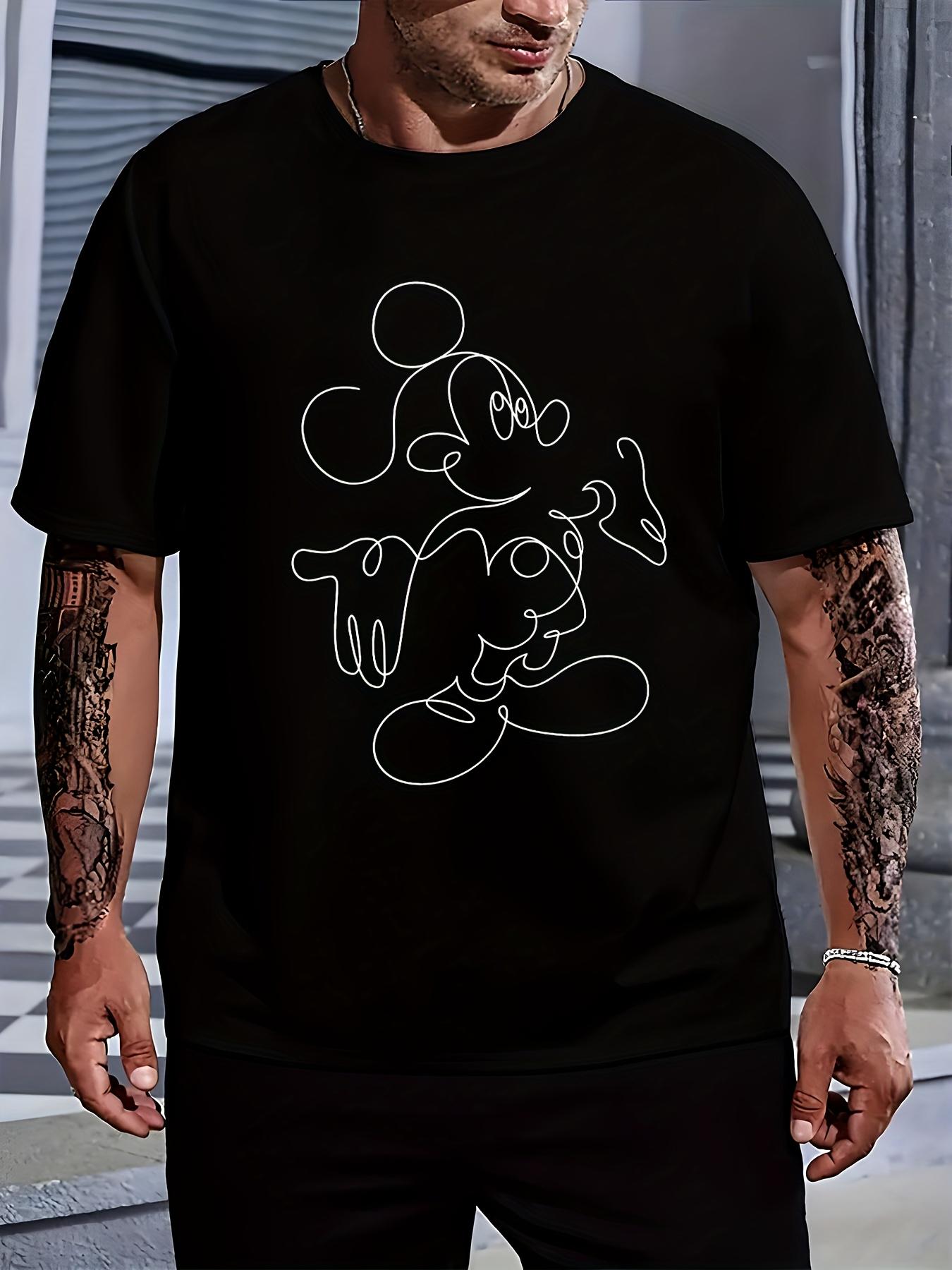 Mickey Mouse Graphic Tee - Black Casual Crew Neck T-shirt with White Line Art Design XXXL