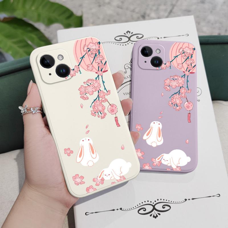 Peach Bunny Phone Case For iPhone 16 15 14 13 12 11 Plus Pro Max Mini X XR XS SE2020 8 7 6 6S Plus Liquid Silicone Cover