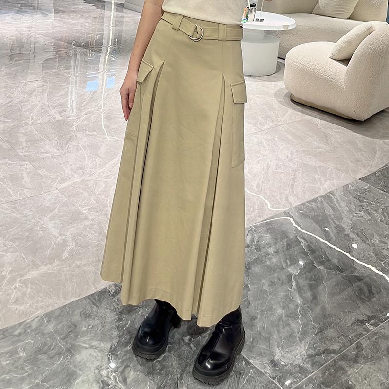 

2025 Spring Khaki Pleated A-Line Midi Skirt: Trendy Casual Workwear S