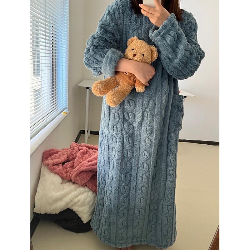 Fashion Winter Women Nightgowns Jacquard Dress Night Dress Loose Solid Color Thickened Flannel Sleepwear Home Clothes