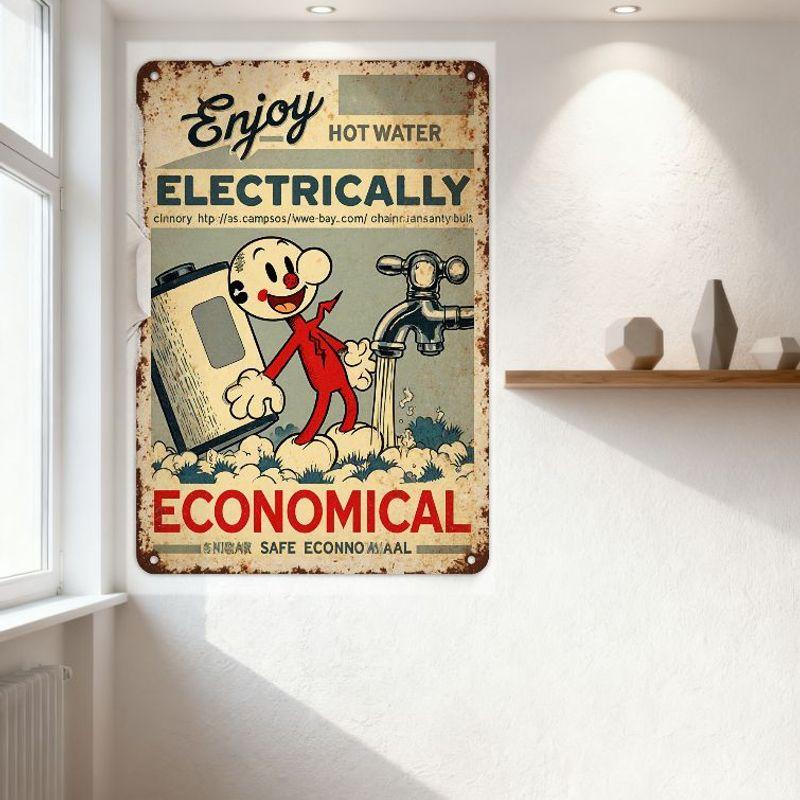 Vintage Electric Hot Water Heater Tin Sign with Cartoon Character & 'Enjoy HOT WATER' Retro Industrial Metal Wall Decor for Bar