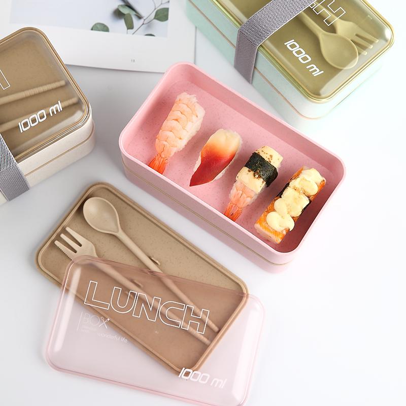 Fiambrera portátil de 1000ml, cajas Bento de paja de trigo de doble capa, vajilla para microondas, contenedor de almacenamiento de alimentos, fiambrera
