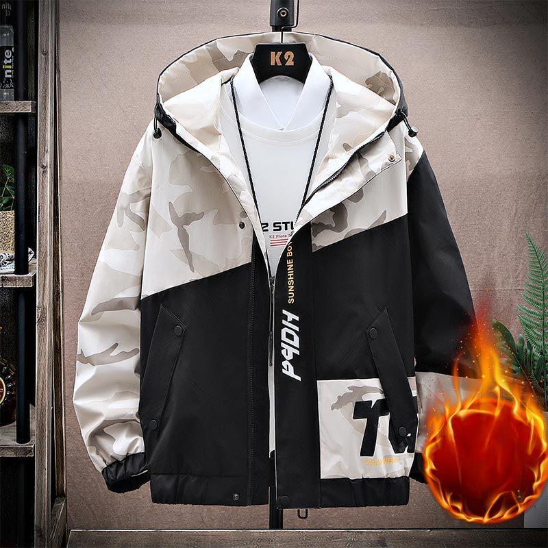 Spring and Autumn Men's Large Size Printed Jackets Youth Hooded Versatile Fat Tops for Men