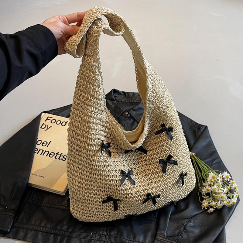 

Women Straw Woven Bag Fashion Shoulder Bag Large Capacity Straw Tote Bag Lightweight Stylish Bow Handbag Vacation Bag 37x10x37cm