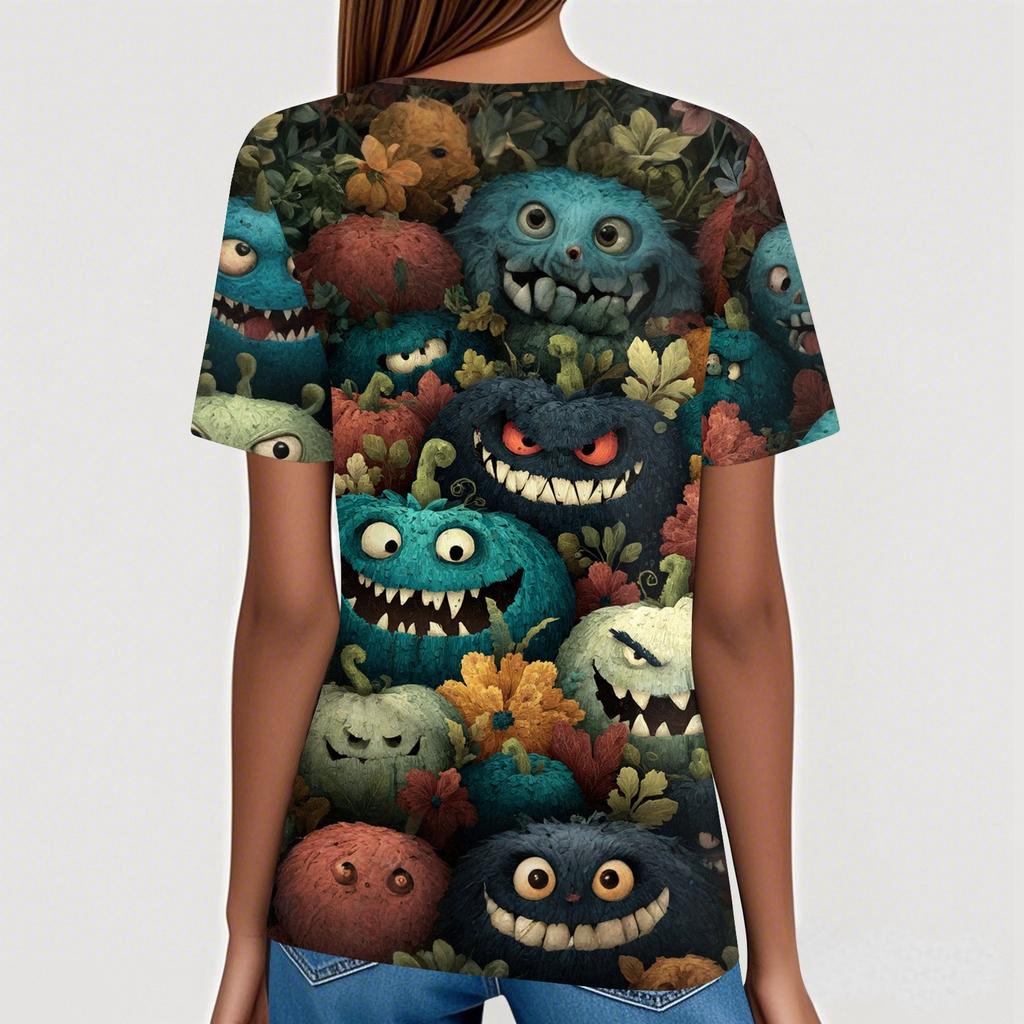Damen T-Shirt Halloween Bedruckt Knopf Kurzarm Tunika Täglich Wochenende Mode Basic V-Ausschnitt Reguläres Oberteil