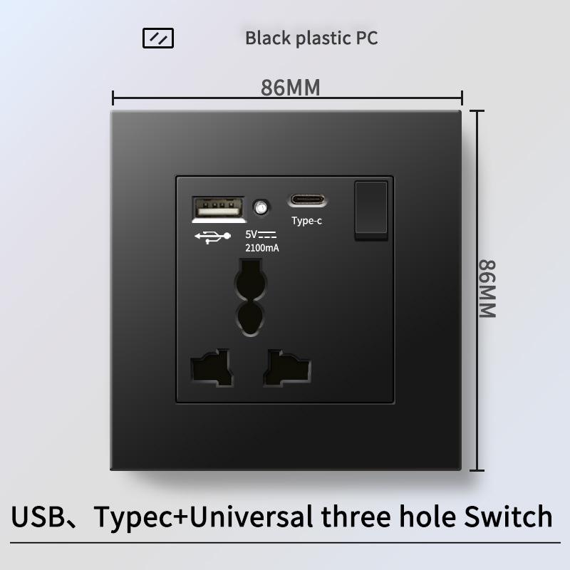 13A British Standard Socket with USB & Type-C Fast Charging, Light Switch, Black Panel for Hong Kong & Macau