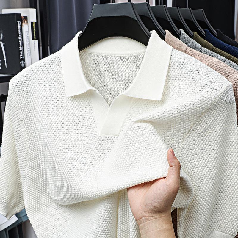 Men's 2025 Summer V-neck Polo - Casual Short Sleeve Pure Cotton Shirt with Pineapple Texture