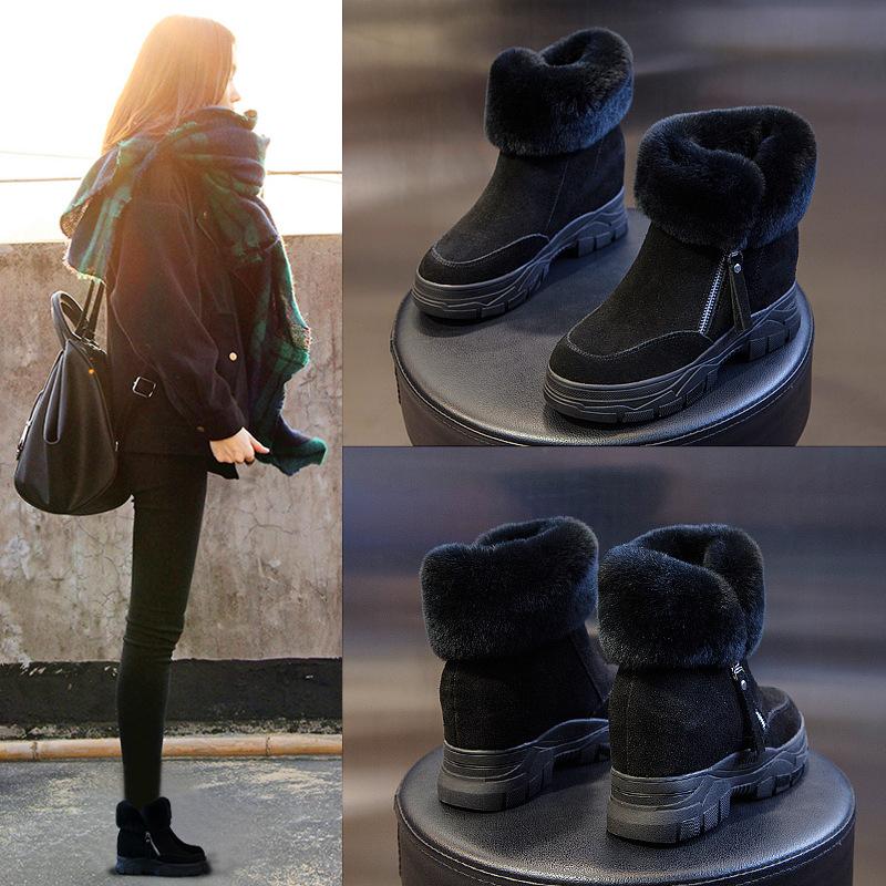 Fashion 8CM Fur Genuine Leather Cushioned Platform Wedge Winter Plush Fur Spring Women Warm Durable Ankle Boots
