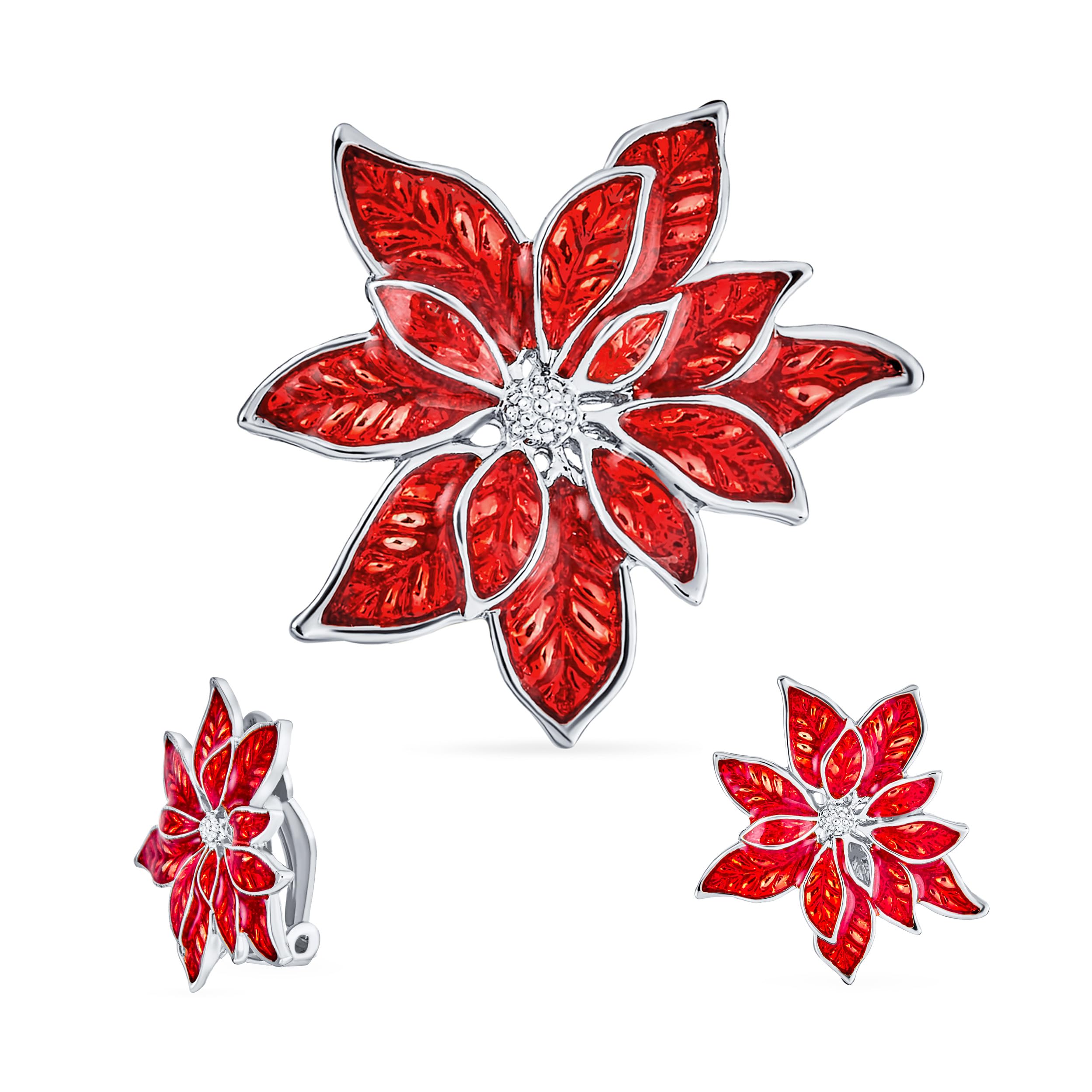 

Statement Flower Holiday Party White Red Enamel Poinsettia Brooch Clip On Earrings Christmas Scarf Pin Jewelry Set for Women Silver Large Plated