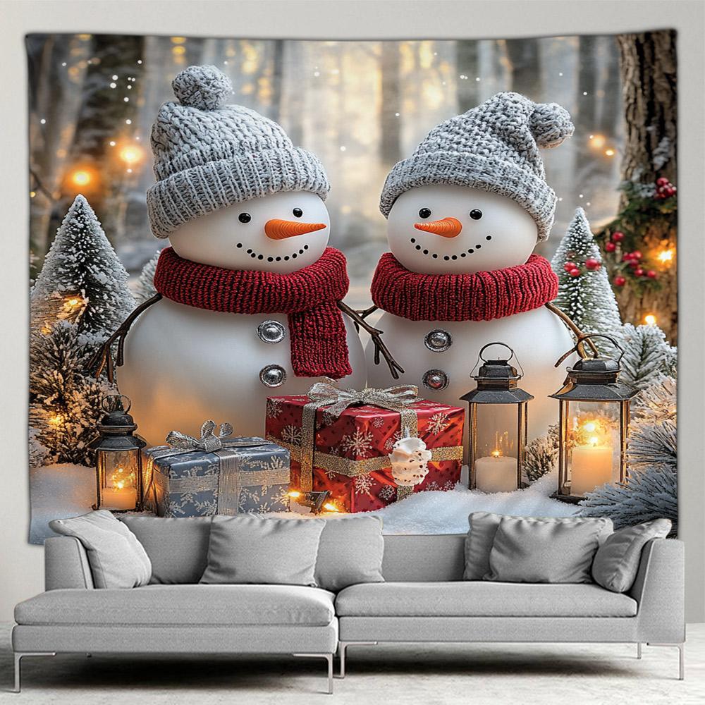 Cute Snowman Christmas Tapestry Xmas Tree Gifts Red Curtains Window Winter Scenery New Year Home Living Room Decor Wall Hanging