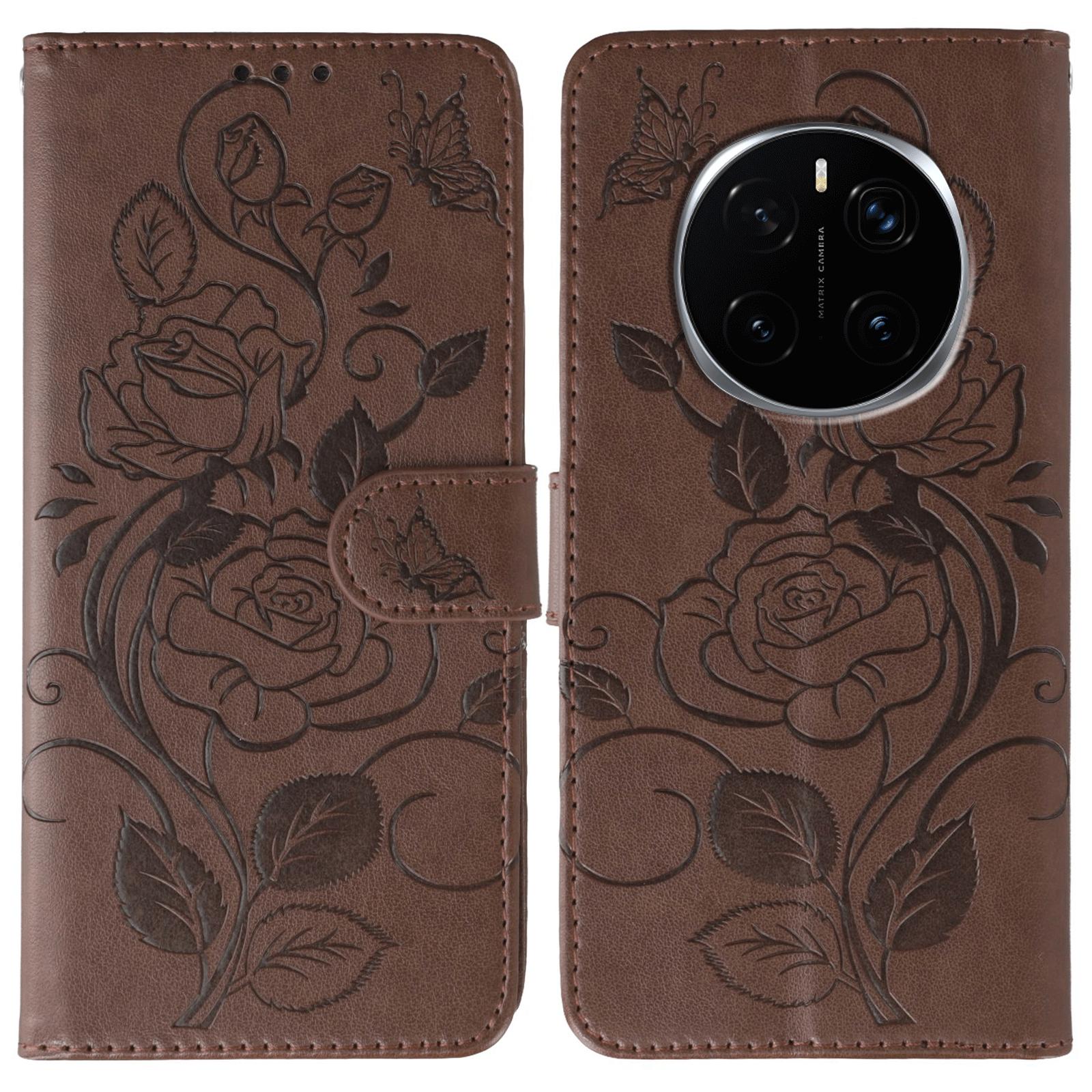 

For Honor Magic7 Pro 5G Case Wallet Stand Imprinted Rose Butterfly PU Leather Phone Cover Brown