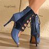 Fashion Patent Leather Mixed Denim Ankle Boots Woman High Heel Cut-Out Design Lace-up Canvas Booties Ladies Latin Tango Salsa Dance Shoe