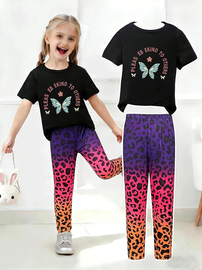 Girls' Summer Casual Short-Sleeve Long Pants Set - European & American Print