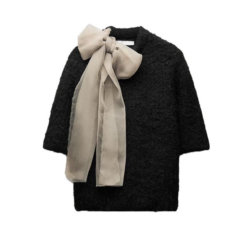Autumn and Winter New Women Clothes Western Style Organza Bowknot Decoration Short Knitted Top 2756127