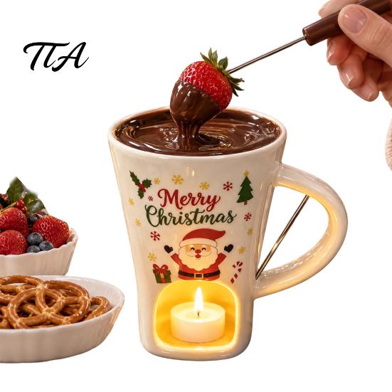 Holiday Themed Snack Server Christmas Chocolate Fondue Mug with Tea Light Warmer & Forks, 155ml Ceramic Melting Tabletop Pot for Cheese Caramel, Party
