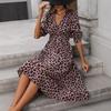Women's Autumn Leopard Print V-neck Long-sleeved Dress