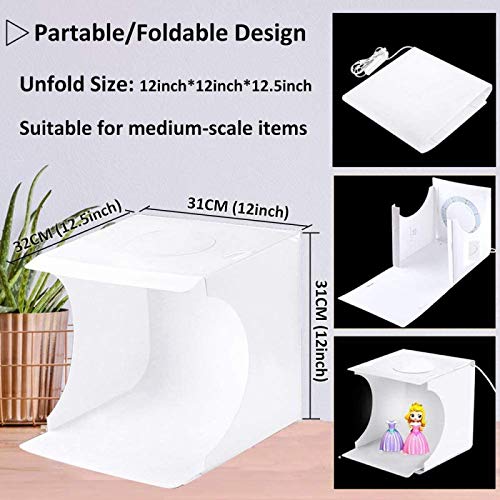 30x30cm Foldable Photography Kit, Easy-to-Use Photo Box with 3-Color LED Light, Warm/White/Cool Light, Adjustable Brightness, and 6 Color Backdrops