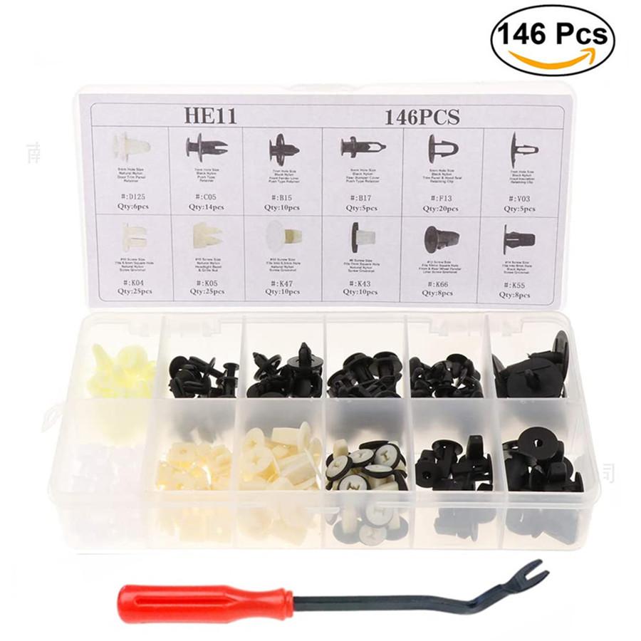 146PCS Plastic Rivets Fastener Fender Bumper Push Pin Clips W/ 30PCS Removal Tool