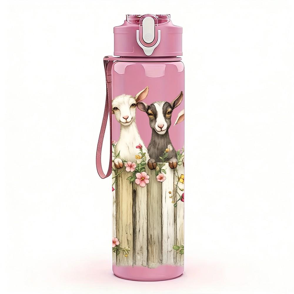 1PC Farm Goat Sheep Wooden Fence Scene Print 750ml Color Plastic Sports Water Bottle Leakproof Flip Straw Lid Suitable for Sports Office Home Use