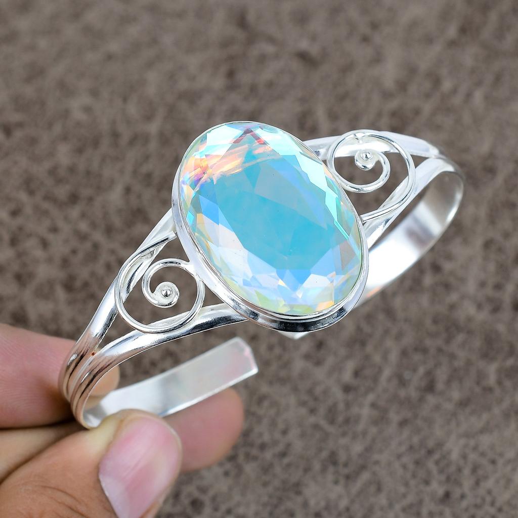 Mystic Rainbow Topaz Gemstone 925 Sterling Silver Cuff Bangle Adjustable KKG-234