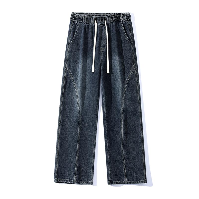 American High Street Trendy Brand Splicing Elastic Waist Jeans Men's Trend Versatile Loose Wide Legs Drape Straight Trousers