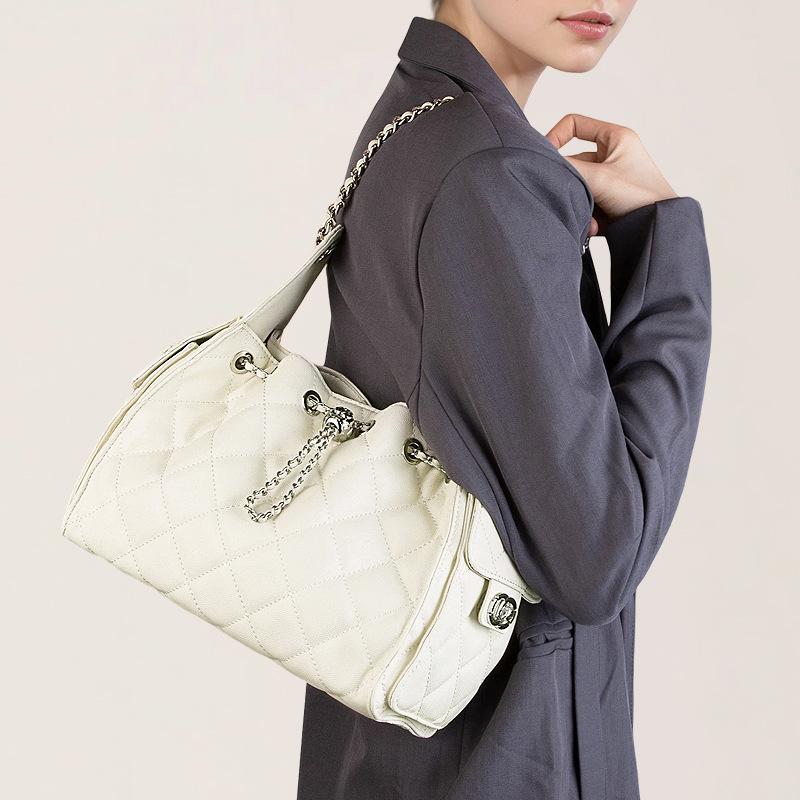 Genuine Leather Quilted Underarm Chain Bag Versatile Large Capacity Caviar Pattern Single Shoulder Bucket Bag Drawstring Bag