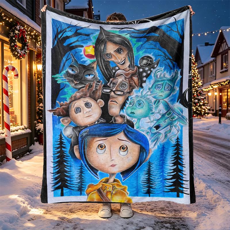 Coraline Pattern Blanket for Home Decoration, Bed, Sofa, Car Travel, Camping, Suitable for All Seasons, Birthday Christmas Gift