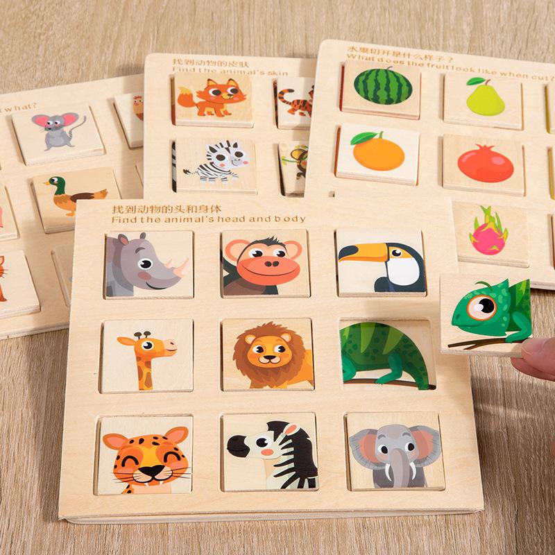 Montessori Wooden Logic Thinking Pairing Puzzle Cognitive Board - Fruit & Animal Matching Educational Enlightenment Game