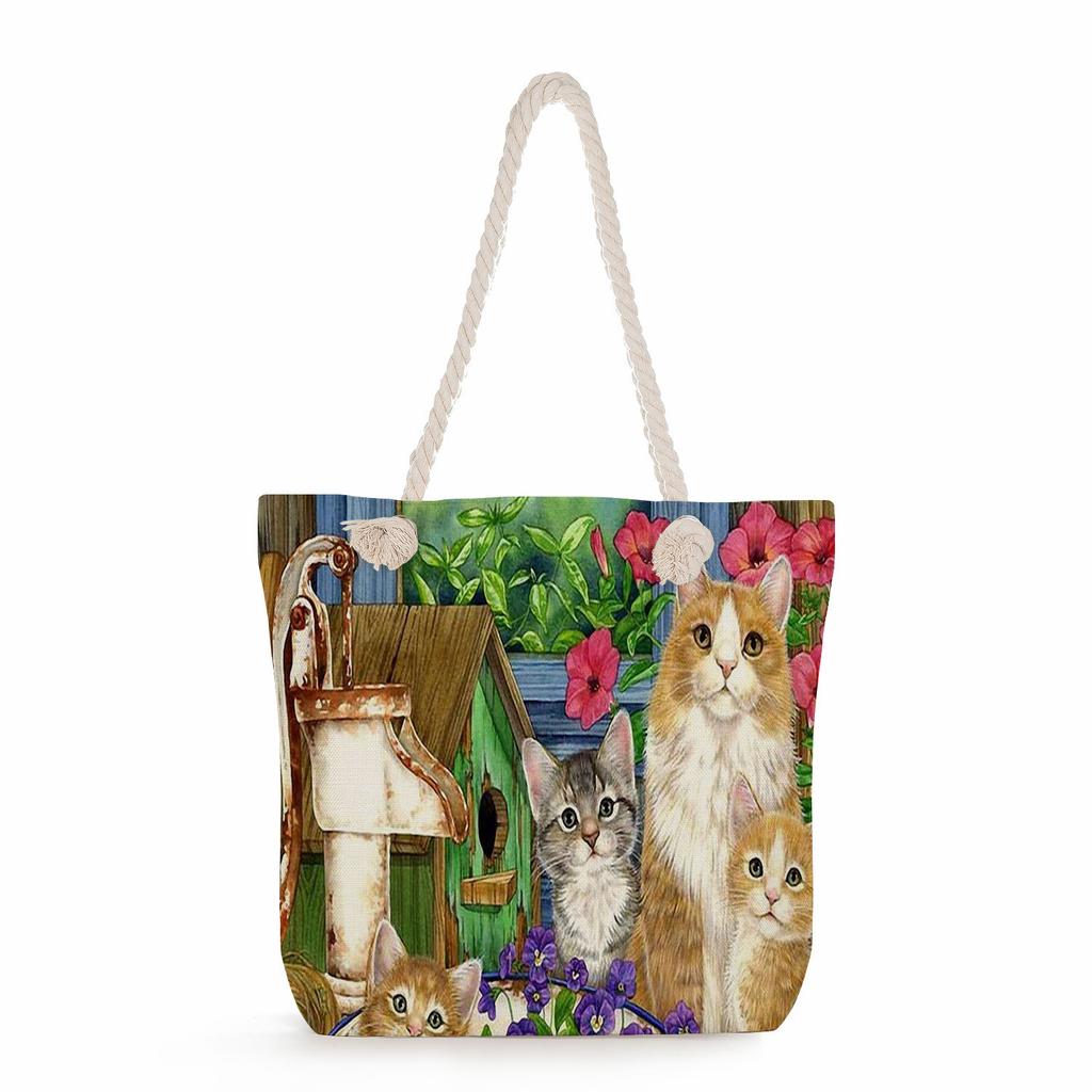 Cat print thick rope single-shoulder beach bag 7228