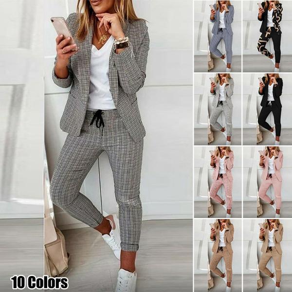 Women Elegant Long Sleeve Blazer Sets Lapel Neck Blazer Coat & Drawstring Pants Set Two Piece Outfits for Women