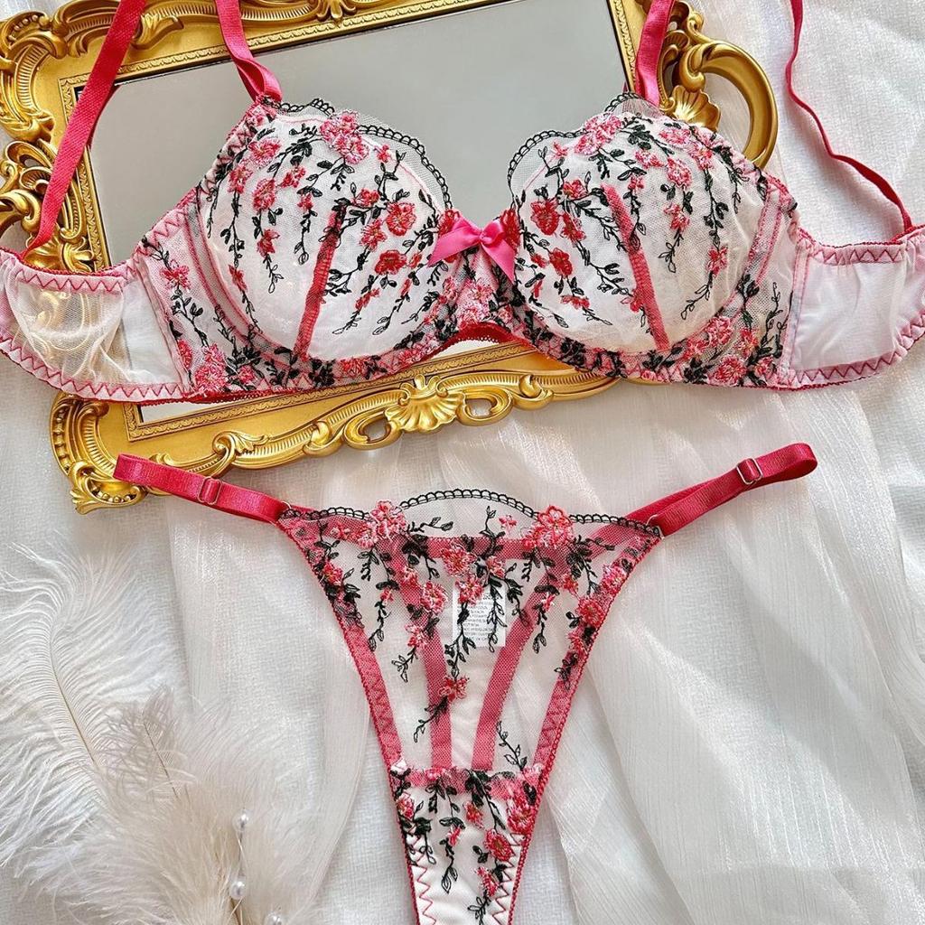 Floral Embroidered See-Through Lingerie Set with Sexy Gathering Bra for Women