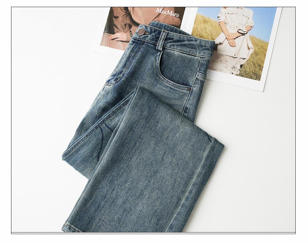 Jeansi Retro Albastru Damă cu Talie Înaltă și Picior Larg - Brodați, Croială Largă, Primăvară/Toamnă 2025