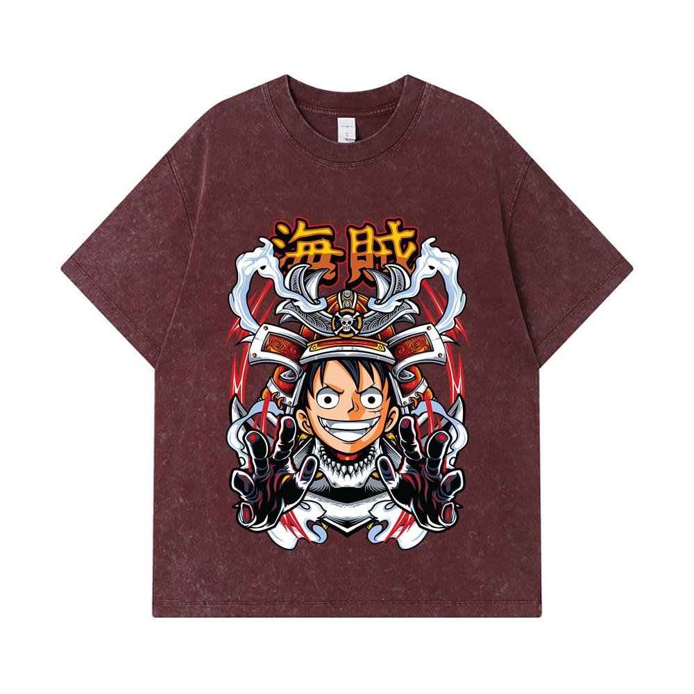 275 GSM Washed T-shirts 100% Cotton One Piece V70 Luffy Samurai Print Unisex Heavy Cotton T Shirt