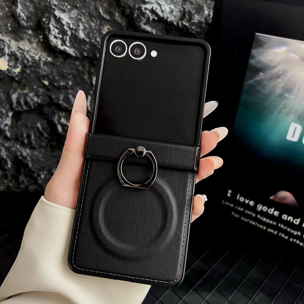 Luxusní Business Sle Hladký Kožený Magnetický Magsafe Kryt na Telefon pro Samsung Z Flip 7 6 5 4 3 Ochranný Kryt s Kruhovým Stojanem