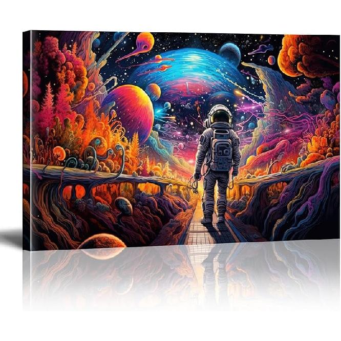 HSFFBHFBH Astronaut Space Canvas Wall Art - Psychedelic Cosmic Landscape Painting - Vibrant Fantasy Sci-Fi Home Decor Print for Living Room, Bedroom, 16L x 12W